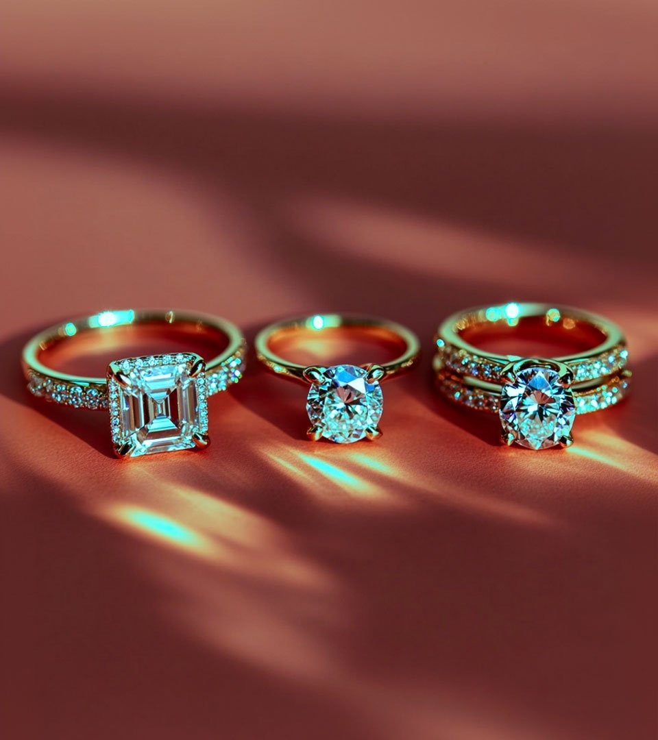 A selection of laboratory-grown diamond rings on rose silk